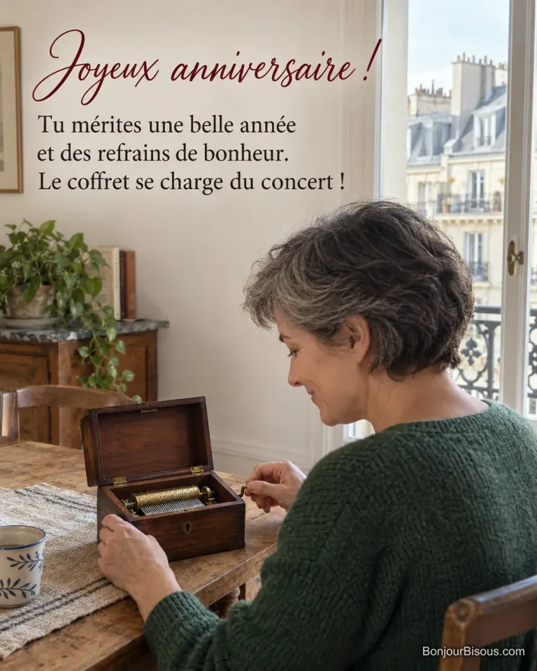 Une femme actionne une boîte à musique dans un appartement parisien, avec le texte « Joyeux anniversaire ! Tu mérites une belle année et des refrains de bonheur. Le coffret se charge du concert ! ».