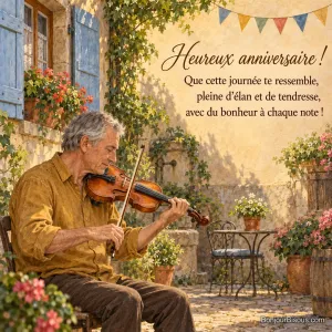 Un homme joue une sérénade au violon dans une cour alsacienne décorée de fanions, avec le texte « Heureux anniversaire ! Que cette journée te ressemble, pleine d’élan et de tendresse, avec du bonheur à chaque note ! ».