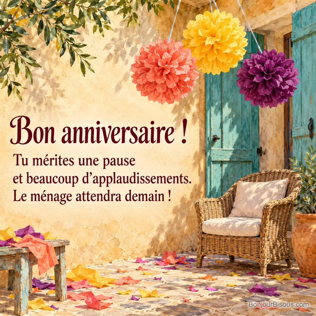 Trois pompons en papier se balancent au-dessus d’un fauteuil dans une cour provençale, avec le texte « Bon anniversaire ! Tu mérites une pause et beaucoup d’applaudissements. Le ménage attendra demain ! ». Trois pompons en papier se balancent au-dessus d’un fauteuil dans une cour provençale, avec le texte « Bon anniversaire ! Tu mérites une pause et beaucoup d’applaudissements. Le ménage attendra demain ! ».