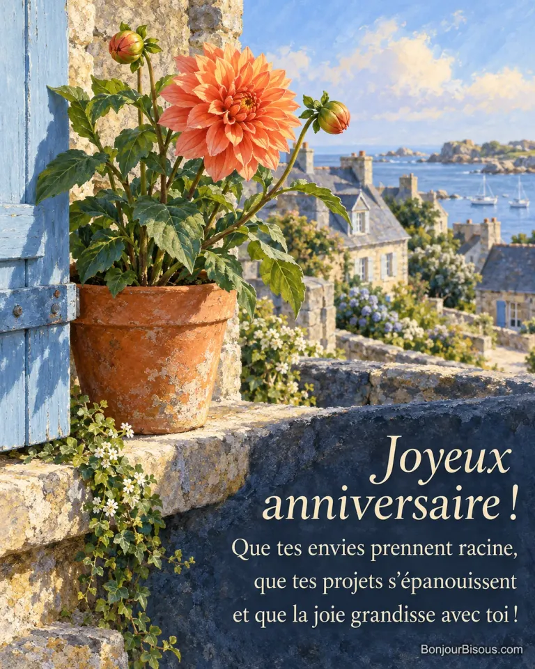 Un dahlia corail fleurit dans un pot sur le rebord d’une fenêtre bretonne, avec le texte « Joyeux anniversaire ! Que tes envies prennent racine, que tes projets s’épanouissent et que la joie grandisse avec toi ! ».