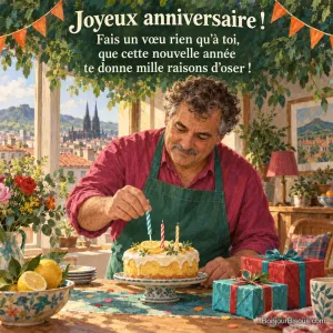 Un homme dispose trois bougies sur un gâteau parmi des cadeaux et des fanions colorés, avec le texte « Joyeux anniversaire ! Fais un vœu rien qu’à toi, que cette nouvelle année te donne mille raisons d’oser ! ».
