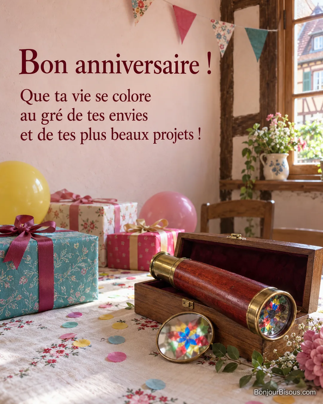 Un kaléidoscope artisanal repose dans un décor d’anniversaire avec cadeaux et ballons colorés, avec le texte « Bon anniversaire ! Que ta vie se colore au gré de tes envies et de tes plus beaux projets ! ». Un kaléidoscope artisanal repose dans un décor d’anniversaire avec cadeaux et ballons colorés, avec le texte « Bon anniversaire ! Que ta vie se colore au gré de tes envies et de tes plus beaux projets ! ».