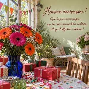 Un bouquet de gerberas orange et fuchsia décore une véranda parmi des cadeaux d’anniversaire, avec le texte « Heureux anniversaire ! Que la joie t’accompagne, que tes rêves prennent des couleurs et que l’affection t’entoure ! ».