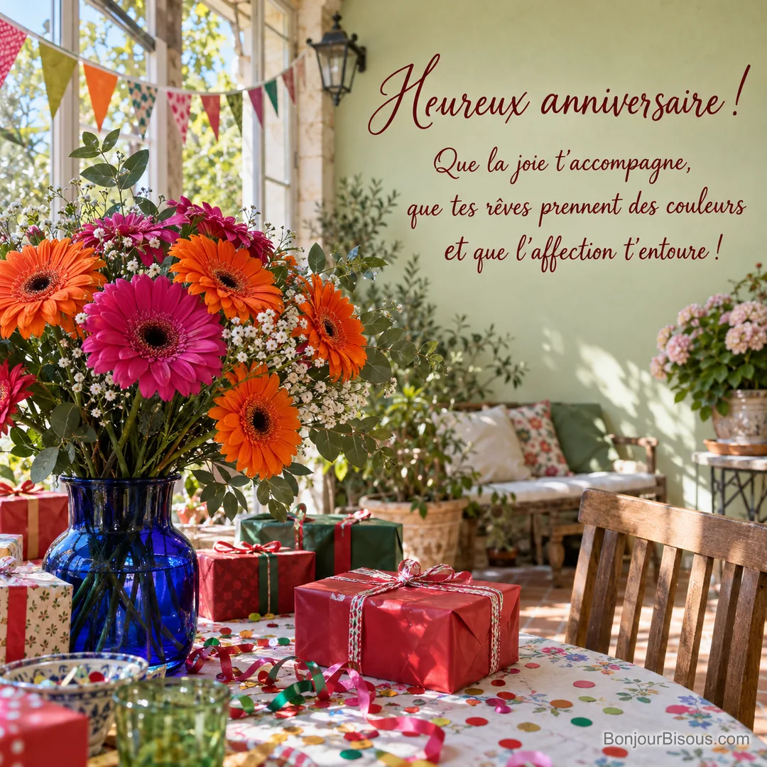 Un bouquet de gerberas orange et fuchsia décore une véranda parmi des cadeaux d’anniversaire, avec le texte « Heureux anniversaire ! Que la joie t’accompagne, que tes rêves prennent des couleurs et que l’affection t’entoure ! ».