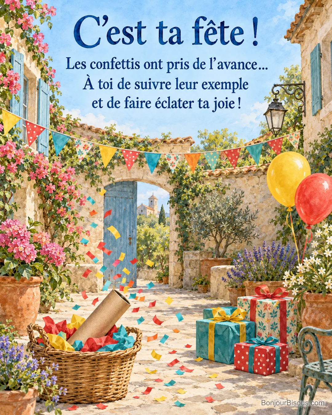 Un canon à confettis a dispersé des papiers colorés dans une cour décorée pour un anniversaire, avec le texte « C’est ta fête ! Les confettis ont pris de l’avance… À toi de suivre leur exemple et de faire éclater ta joie ! ». Un canon à confettis a dispersé des papiers colorés dans une cour décorée pour un anniversaire, avec le texte « C’est ta fête ! Les confettis ont pris de l’avance… À toi de suivre leur exemple et de faire éclater ta joie ! ».