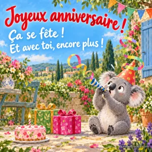 Un koala surpris voit sa trompette de fête s’enrouler autour de son chapeau près d’un gâteau à une bougie, avec le texte « Joyeux anniversaire ! Ça se fête ! Et avec toi, encore plus ! ».