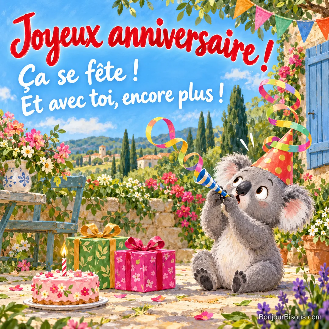 Un koala surpris voit sa trompette de fête s’enrouler autour de son chapeau près d’un gâteau à une bougie, avec le texte « Joyeux anniversaire ! Ça se fête ! Et avec toi, encore plus ! ». Un koala surpris voit sa trompette de fête s’enrouler autour de son chapeau près d’un gâteau à une bougie, avec le texte « Joyeux anniversaire ! Ça se fête ! Et avec toi, encore plus ! ».