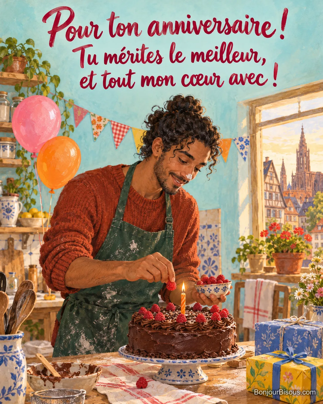 Un jeune homme ajoute une framboise à un gâteau d’anniversaire à une bougie dans une cuisine en fête, avec le texte « Pour ton anniversaire ! Tu mérites le meilleur, et tout mon cœur avec ! ». Un jeune homme ajoute une framboise à un gâteau d’anniversaire à une bougie dans une cuisine en fête, avec le texte « Pour ton anniversaire ! Tu mérites le meilleur, et tout mon cœur avec ! ».
