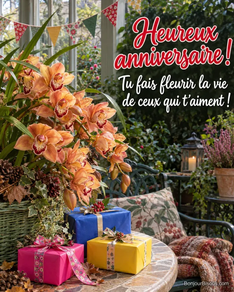 Des orchidées cymbidium abricot accompagnent des cadeaux et des fanions d’anniversaire colorés, avec le texte « Heureux anniversaire ! Tu fais fleurir la vie de ceux qui t’aiment ! ».