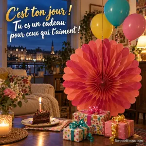Une grande rosace de papier framboise rayonne parmi ballons, cadeaux et bougie d’anniversaire, avec le texte « C’est ton jour ! Tu es un cadeau pour ceux qui t’aiment ! ».