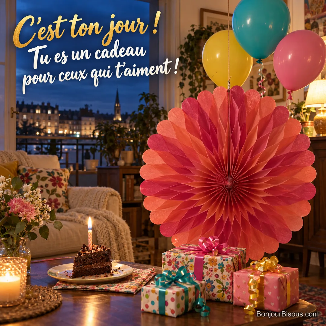 Une grande rosace de papier framboise rayonne parmi ballons, cadeaux et bougie d’anniversaire, avec le texte « C’est ton jour ! Tu es un cadeau pour ceux qui t’aiment ! ». Une grande rosace de papier framboise rayonne parmi ballons, cadeaux et bougie d’anniversaire, avec le texte « C’est ton jour ! Tu es un cadeau pour ceux qui t’aiment ! ».