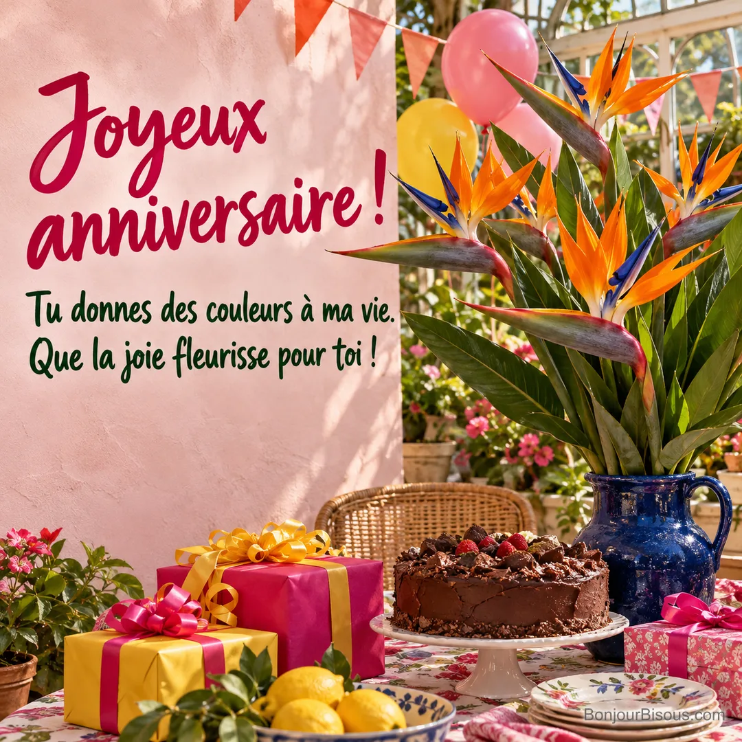 Des strelitzias orange et bleus débordent d’un vase parmi les cadeaux d’anniversaire, avec le message « Joyeux anniversaire ! Tu donnes des couleurs à ma vie. Que la joie fleurisse pour toi ! ». Des strelitzias orange et bleus débordent d’un vase parmi les cadeaux d’anniversaire, avec le message « Joyeux anniversaire ! Tu donnes des couleurs à ma vie. Que la joie fleurisse pour toi ! ».