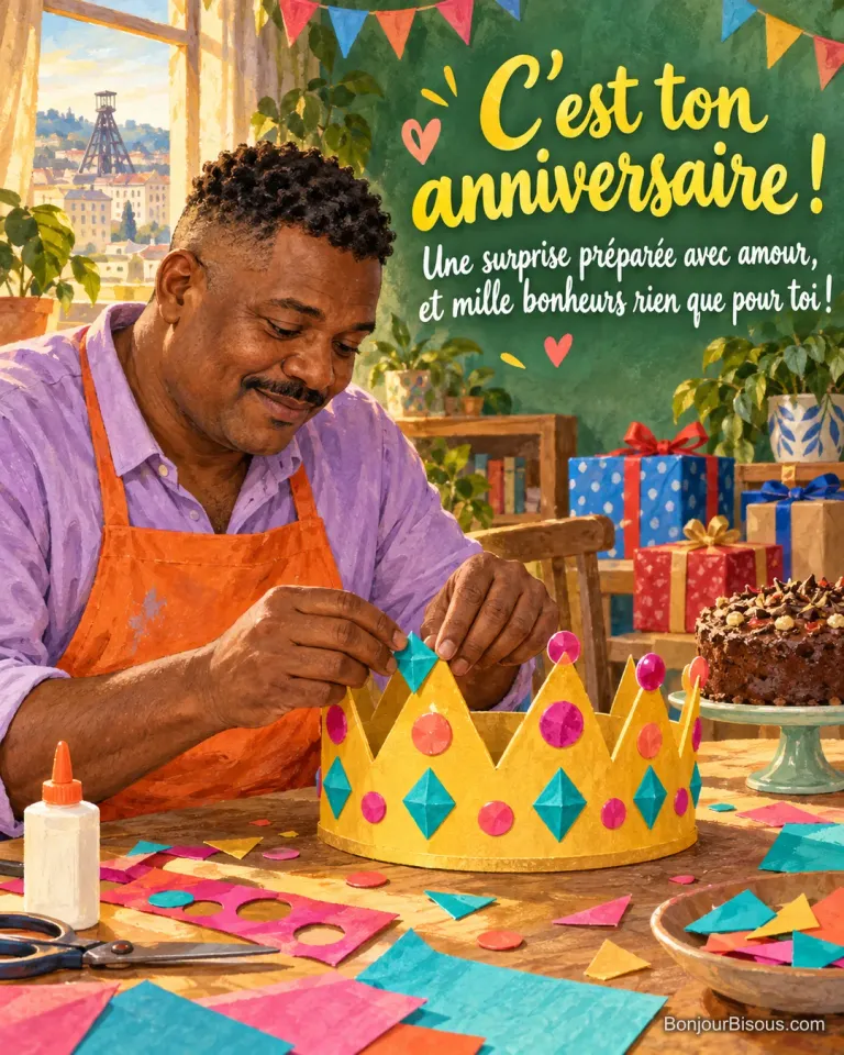 Un homme colle un losange turquoise sur une couronne d’anniversaire en carton préparée avec affection, avec le message « C’est ton anniversaire ! Une surprise préparée avec amour, et mille bonheurs rien que pour toi ! ».