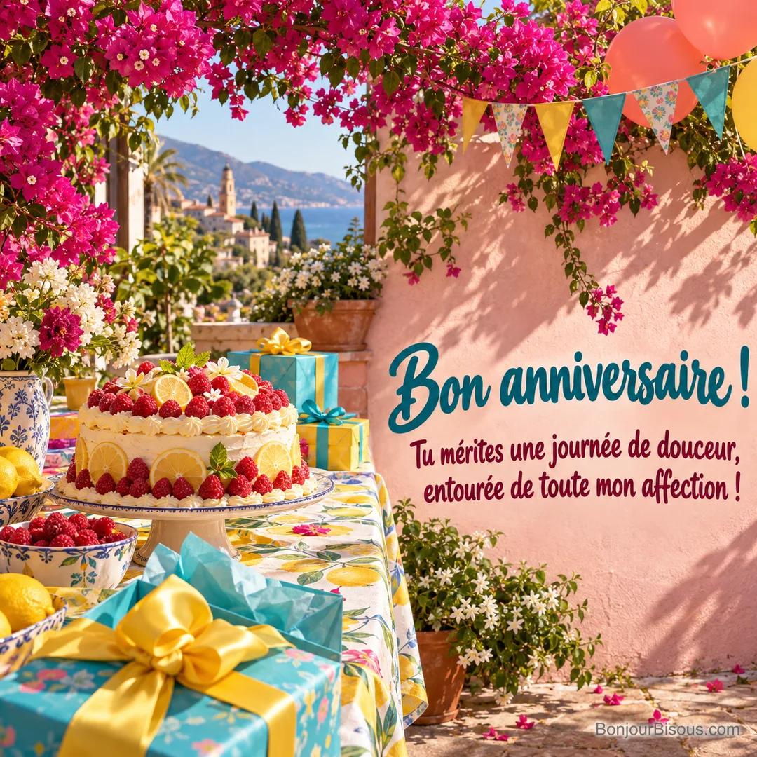 Une arche de bougainvillée fuchsia abrite une table pleine de cadeaux et un gâteau d’anniversaire, avec le message « Bon anniversaire ! Tu mérites une journée de douceur, entourée de toute mon affection ! ». Une arche de bougainvillée fuchsia abrite une table pleine de cadeaux et un gâteau d’anniversaire, avec le message « Bon anniversaire ! Tu mérites une journée de douceur, entourée de toute mon affection ! ».