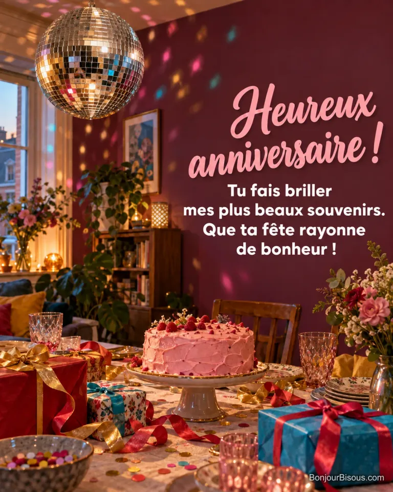 Une boule à facettes illumine de reflets colorés les cadeaux et le gâteau d’une fête d’anniversaire, avec le message « Heureux anniversaire ! Tu fais briller mes plus beaux souvenirs. Que ta fête rayonne de bonheur ! ».