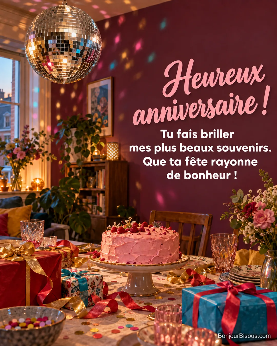 Une boule à facettes illumine de reflets colorés les cadeaux et le gâteau d’une fête d’anniversaire, avec le message « Heureux anniversaire ! Tu fais briller mes plus beaux souvenirs. Que ta fête rayonne de bonheur ! ». Une boule à facettes illumine de reflets colorés les cadeaux et le gâteau d’une fête d’anniversaire, avec le message « Heureux anniversaire ! Tu fais briller mes plus beaux souvenirs. Que ta fête rayonne de bonheur ! ».