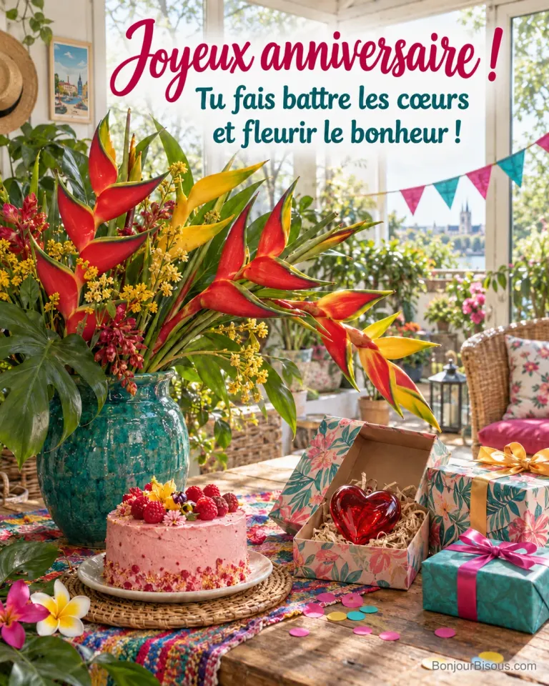 Des héliconias rouges et jaunes entourent un gâteau sans bougies et un cadeau contenant un cœur, avec le texte « Joyeux anniversaire ! Tu fais battre les cœurs et fleurir le bonheur ! ».