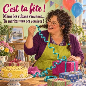 Une femme rit en découvrant un bolduc turquoise accroché à sa tresse parmi les cadeaux d’anniversaire, avec le texte « C’est ta fête ! Même les rubans s’invitent… Tu mérites tous ces sourires ! ».