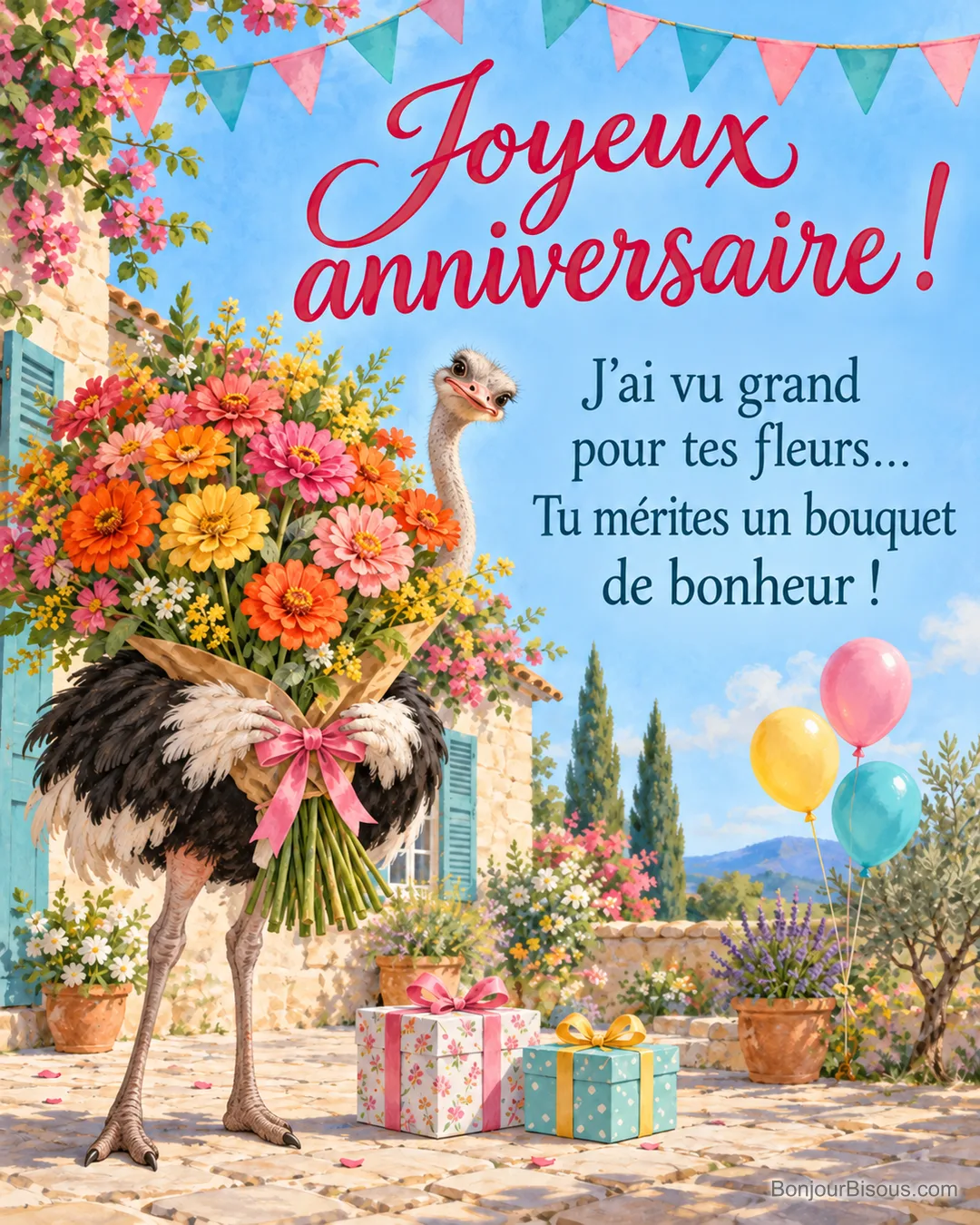 Une autruche derrière un bouquet démesuré dans un décor d’anniversaire, avec le message « Joyeux anniversaire ! J’ai vu grand pour tes fleurs… Tu mérites un bouquet de bonheur ! ». Une autruche derrière un bouquet démesuré dans un décor d’anniversaire, avec le message « Joyeux anniversaire ! J’ai vu grand pour tes fleurs… Tu mérites un bouquet de bonheur ! ».