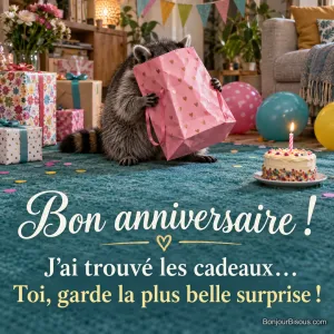 Un raton laveur la tête dans un sac cadeau, avec le message « Bon anniversaire ! J’ai trouvé les cadeaux… Toi, garde la plus belle surprise ! ».
