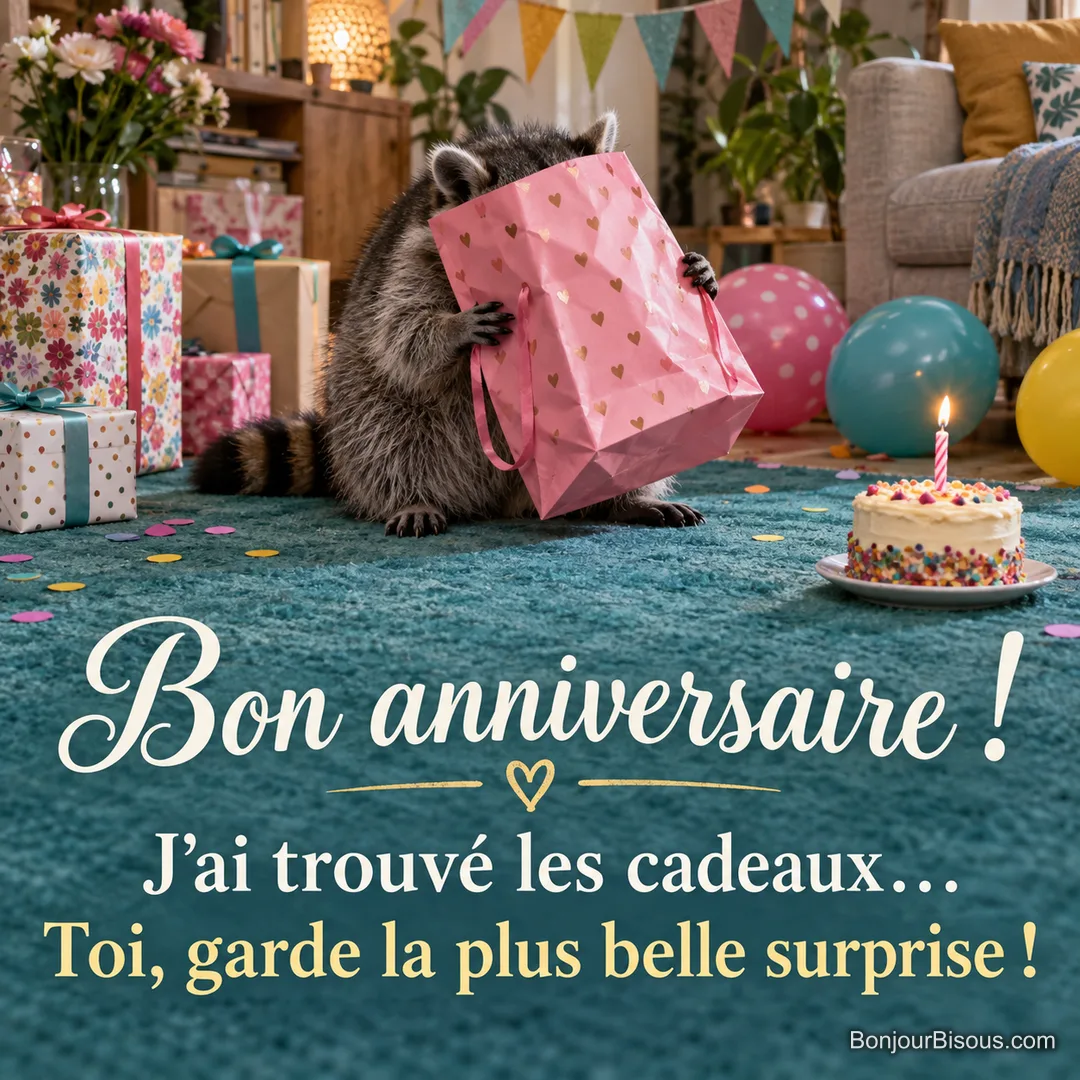 Un raton laveur la tête dans un sac cadeau, avec le message « Bon anniversaire ! J’ai trouvé les cadeaux… Toi, garde la plus belle surprise ! ». Un raton laveur la tête dans un sac cadeau, avec le message « Bon anniversaire ! J’ai trouvé les cadeaux… Toi, garde la plus belle surprise ! ».