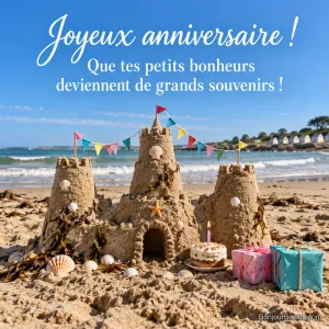 Un château de sable décoré pour un anniversaire sur une plage, avec le message « Joyeux anniversaire ! Que tes petits bonheurs deviennent de grands souvenirs ! ».