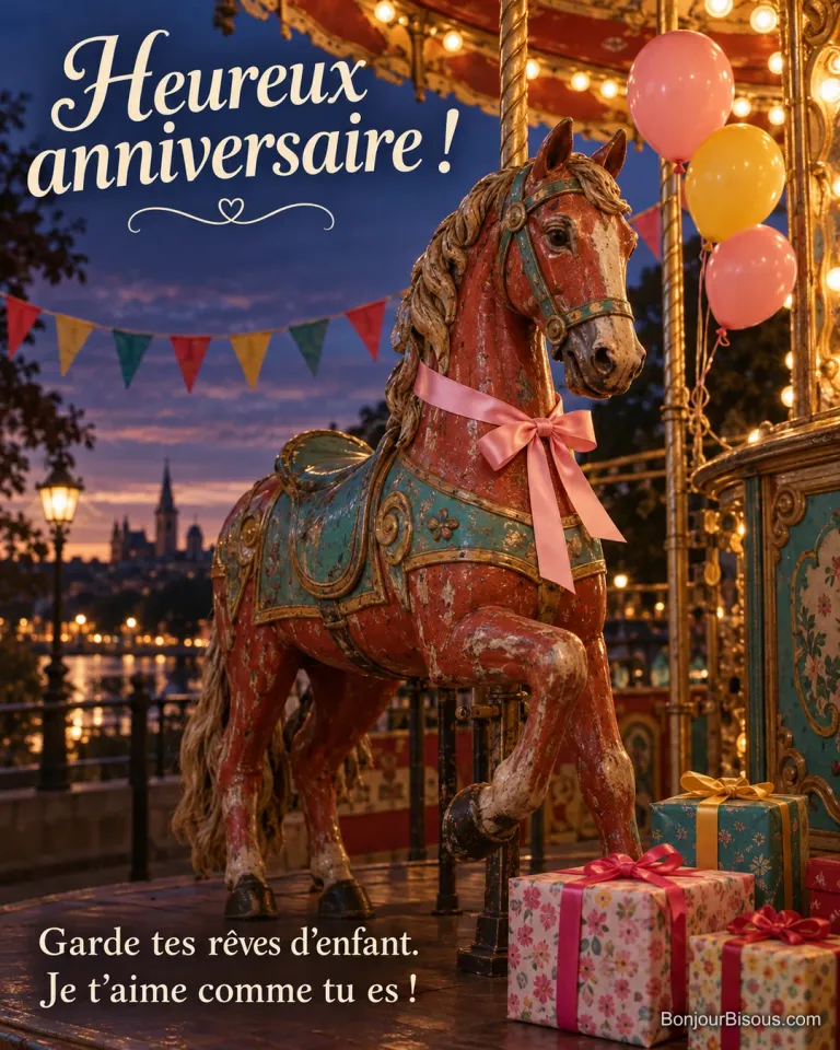 Un cheval de carrousel dans un décor d’anniversaire lumineux, avec le message « Heureux anniversaire ! Garde tes rêves d’enfant. Je t’aime comme tu es ! ».