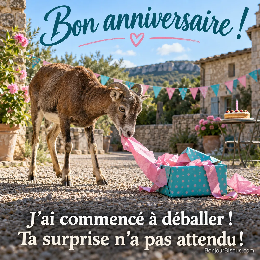 Un jeune mouflon tire le papier rose d’un cadeau turquoise dans une cour décorée pour un anniversaire. Le message est : « Bon anniversaire ! J’ai commencé à déballer ! Ta surprise n’a pas attendu ! ». Un jeune mouflon tire le papier rose d’un cadeau turquoise dans une cour décorée pour un anniversaire. Le message est : « Bon anniversaire ! J’ai commencé à déballer ! Ta surprise n’a pas attendu ! ».