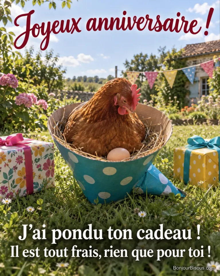 Une poule rousse a pondu un œuf dans un grand chapeau de fête renversé, parmi des cadeaux d’anniversaire. Le message est : « Joyeux anniversaire ! J’ai pondu ton cadeau ! Il est tout frais, rien que pour toi ! ».