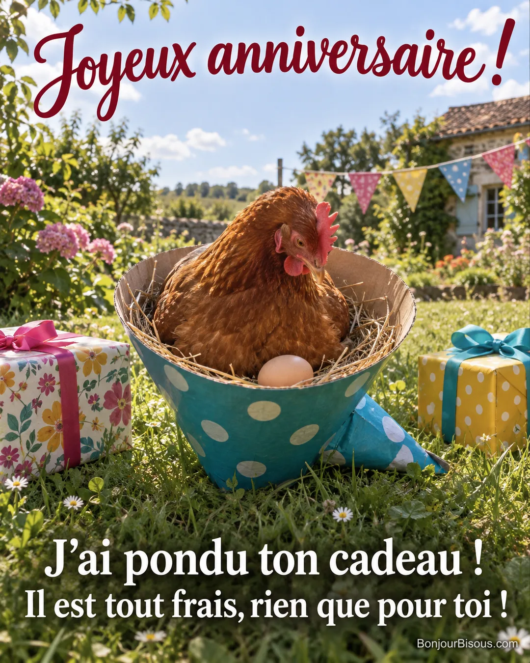 Une poule rousse a pondu un œuf dans un grand chapeau de fête renversé, parmi des cadeaux d’anniversaire. Le message est : « Joyeux anniversaire ! J’ai pondu ton cadeau ! Il est tout frais, rien que pour toi ! ». Une poule rousse a pondu un œuf dans un grand chapeau de fête renversé, parmi des cadeaux d’anniversaire. Le message est : « Joyeux anniversaire ! J’ai pondu ton cadeau ! Il est tout frais, rien que pour toi ! ».