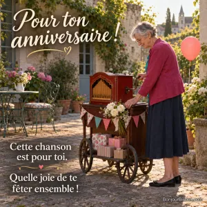 Une femme de 76 ans tourne la manivelle d’un orgue de Barbarie fleuri dans une cour en fête pour un anniversaire. Le message est : « Pour ton anniversaire ! Cette chanson est pour toi. Quelle joie de te fêter ensemble ! ».