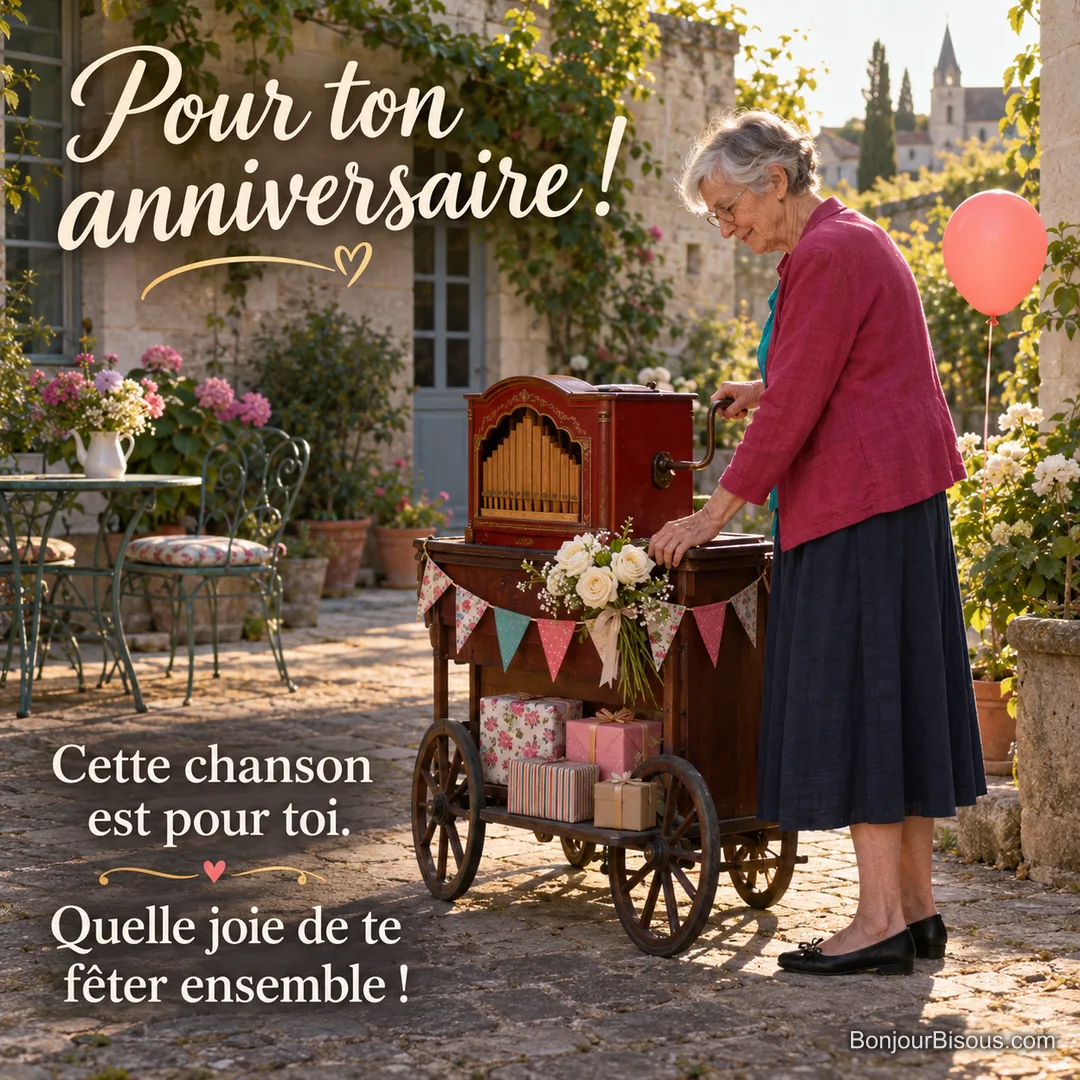 Une femme de 76 ans tourne la manivelle d’un orgue de Barbarie fleuri dans une cour en fête pour un anniversaire. Le message est : « Pour ton anniversaire ! Cette chanson est pour toi. Quelle joie de te fêter ensemble ! ».