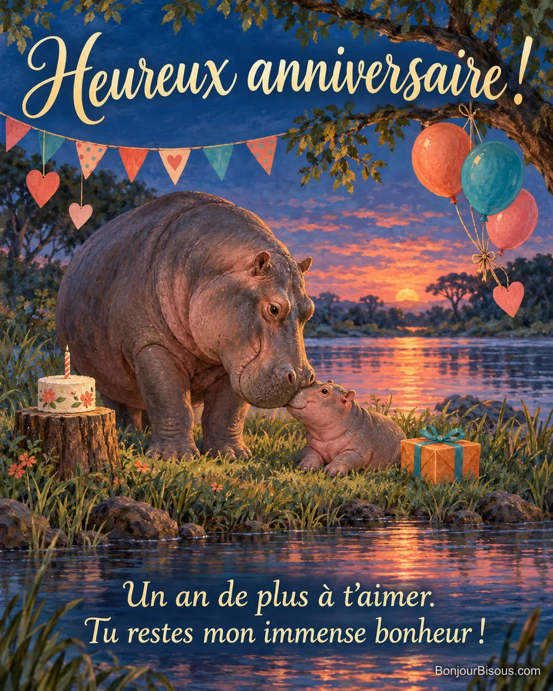 Une mère hippopotame touche tendrement le front de son petit près des cadeaux et d’un gâteau d’anniversaire. Le message est : « Heureux anniversaire ! Un an de plus à t’aimer. Tu restes mon immense bonheur ! ».