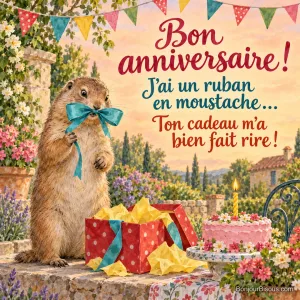 Un chien de prairie porte un immense nœud cadeau en guise de moustache au milieu des décorations d’anniversaire. Le message est : « Bon anniversaire ! J’ai un ruban en moustache… Ton cadeau m’a bien fait rire ! ».
