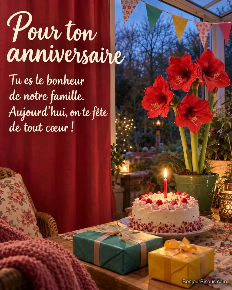 Un amaryllis rouge accompagne un gâteau à une bougie et des cadeaux dans une fête familiale colorée. Le message est : « Pour ton anniversaire Tu es le bonheur de notre famille. Aujourd’hui, on te fête de tout cœur ! ».