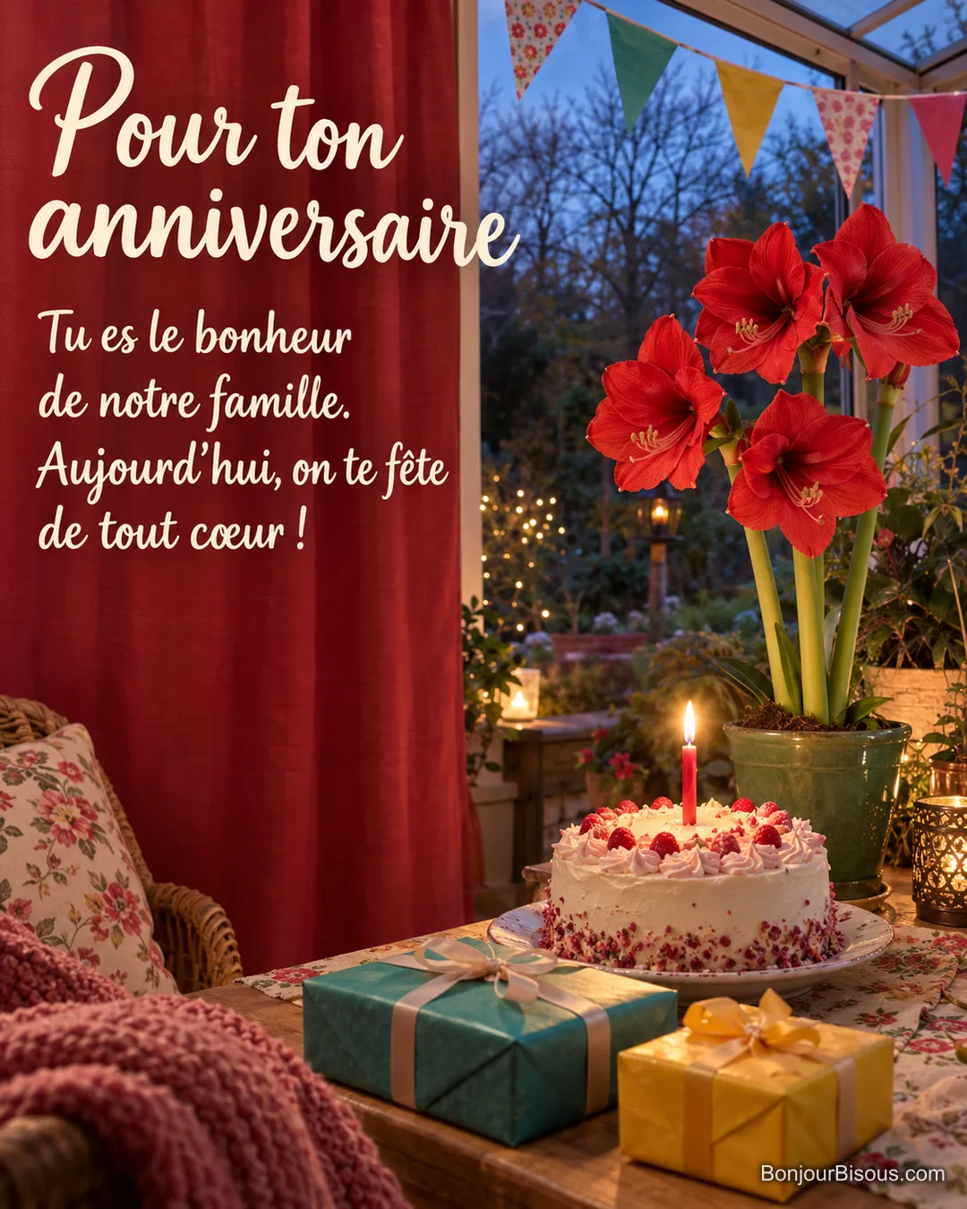 Un amaryllis rouge accompagne un gâteau à une bougie et des cadeaux dans une fête familiale colorée. Le message est : « Pour ton anniversaire Tu es le bonheur de notre famille. Aujourd’hui, on te fête de tout cœur ! ». Un amaryllis rouge accompagne un gâteau à une bougie et des cadeaux dans une fête familiale colorée. Le message est : « Pour ton anniversaire Tu es le bonheur de notre famille. Aujourd’hui, on te fête de tout cœur ! ».