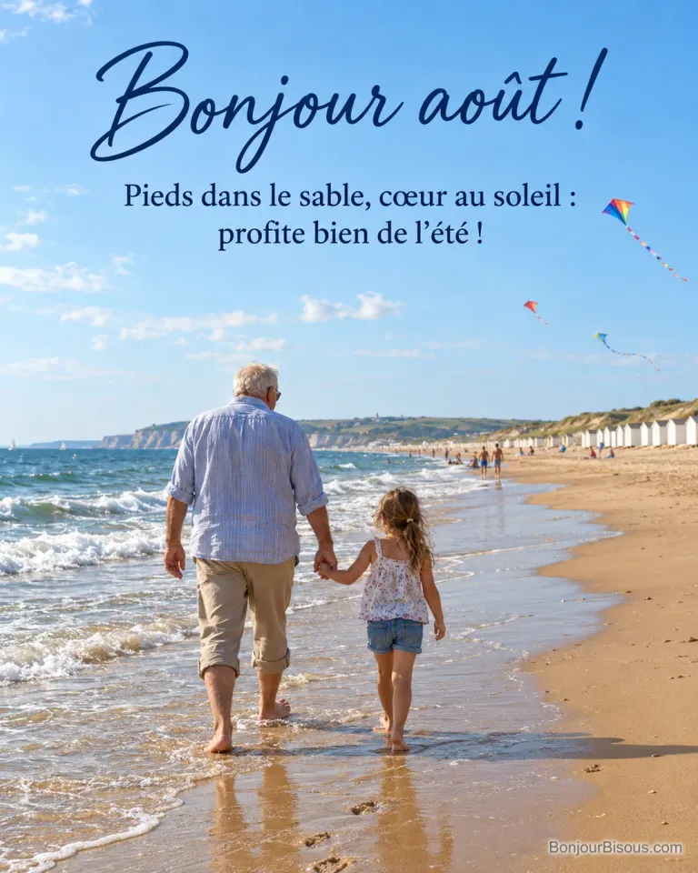 Photo d’un grand-père et d’une fillette vus de dos qui marchent main dans la main au bord des vagues, cabines de plage blanches et cerfs-volants, avec le texte « Bonjour août ! Pieds dans le sable, cœur au soleil : profite bien de l’été ! »