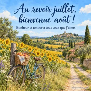 Peinture d’un vélo bleu avec un panier de pêches appuyé contre un poteau devant un champ de tournesols, un chemin et un village perché, avec le texte « Au revoir juillet, bienvenue août ! Bonheur et amour à tous ceux que j’aime. »