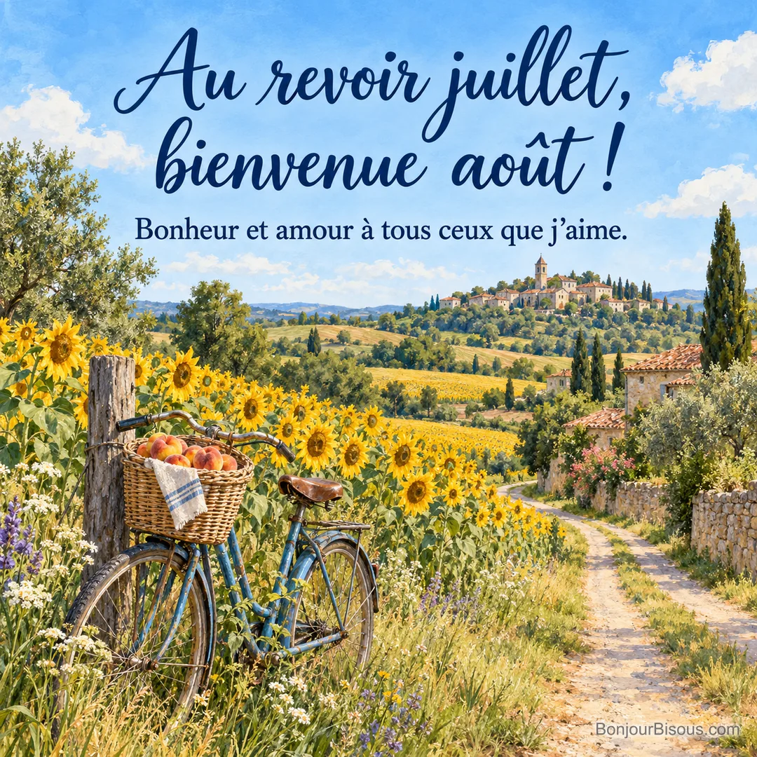 Peinture d’un vélo bleu avec un panier de pêches appuyé contre un poteau devant un champ de tournesols, un chemin et un village perché, avec le texte « Au revoir juillet, bienvenue août ! Bonheur et amour à tous ceux que j’aime. » Peinture d’un vélo bleu avec un panier de pêches appuyé contre un poteau devant un champ de tournesols, un chemin et un village perché, avec le texte « Au revoir juillet, bienvenue août ! Bonheur et amour à tous ceux que j’aime. »