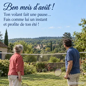 Deux amis regardent leur volant coincé dans un filet de badminton au jardin, avec le texte « Bon mois d’août ! Ton volant fait une pause… Fais comme lui un instant et profite de ton été ! ».