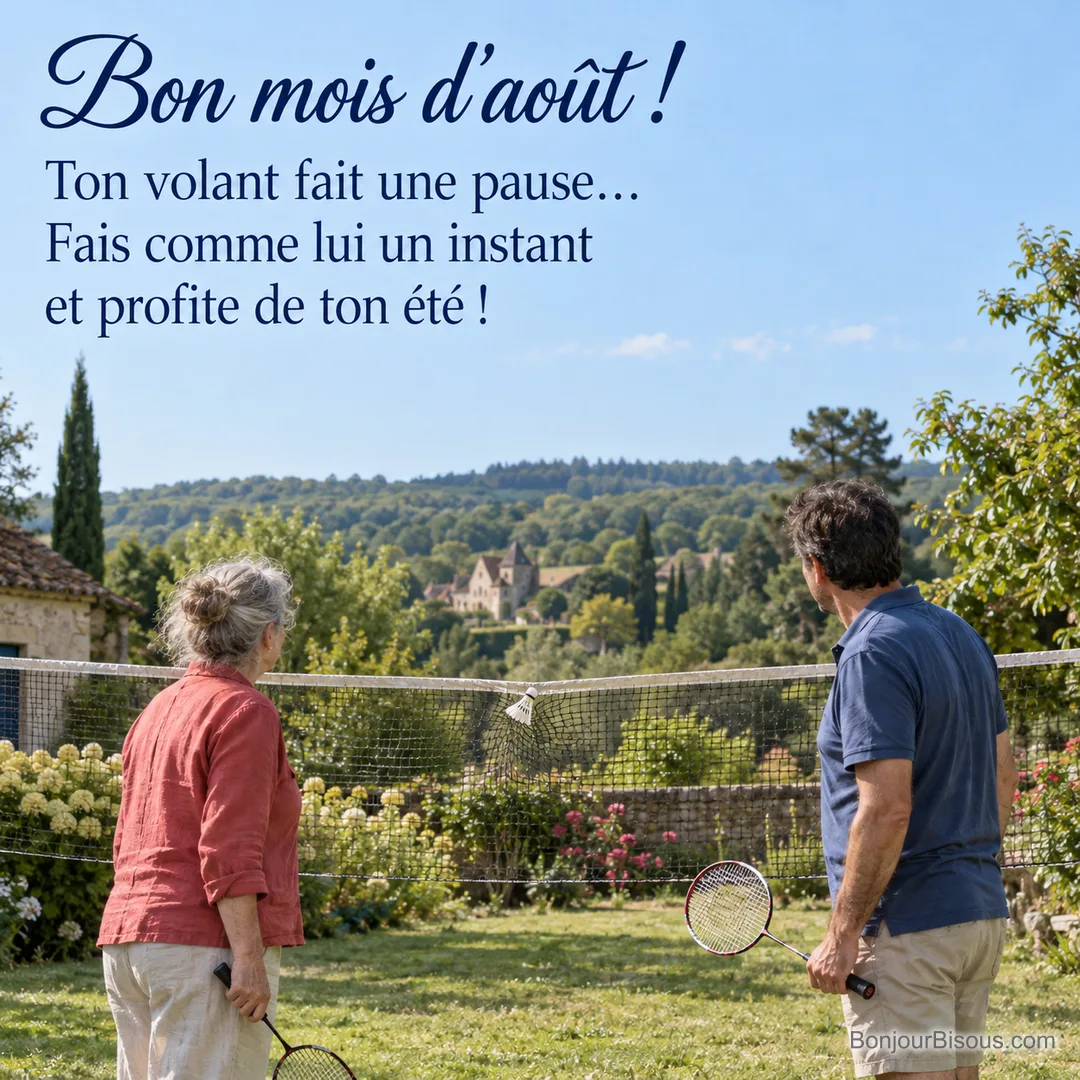 Deux amis regardent leur volant coincé dans un filet de badminton au jardin, avec le texte « Bon mois d’août ! Ton volant fait une pause… Fais comme lui un instant et profite de ton été ! ». Deux amis regardent leur volant coincé dans un filet de badminton au jardin, avec le texte « Bon mois d’août ! Ton volant fait une pause… Fais comme lui un instant et profite de ton été ! ».