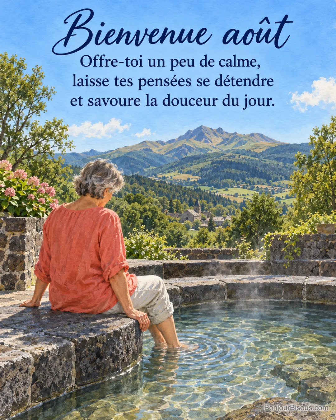Une femme habillée repose ses pieds dans un bassin thermal au pied des monts d’Auvergne, avec le texte « Bienvenue août Offre-toi un peu de calme, laisse tes pensées se détendre et savoure la douceur du jour. ». Une femme habillée repose ses pieds dans un bassin thermal au pied des monts d’Auvergne, avec le texte « Bienvenue août Offre-toi un peu de calme, laisse tes pensées se détendre et savoure la douceur du jour. ».