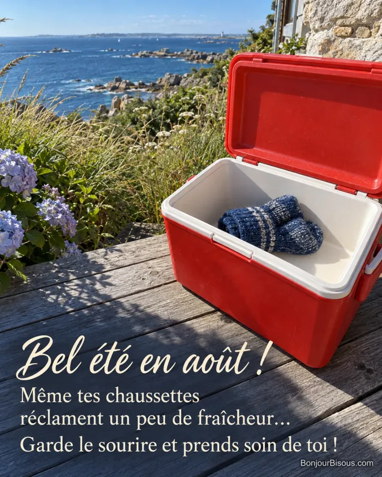 Des chaussettes de laine bleue se rafraîchissent dans une glacière rouge ouverte face à la mer, avec le texte « Bel été en août ! Même tes chaussettes réclament un peu de fraîcheur… Garde le sourire et prends soin de toi ! ».