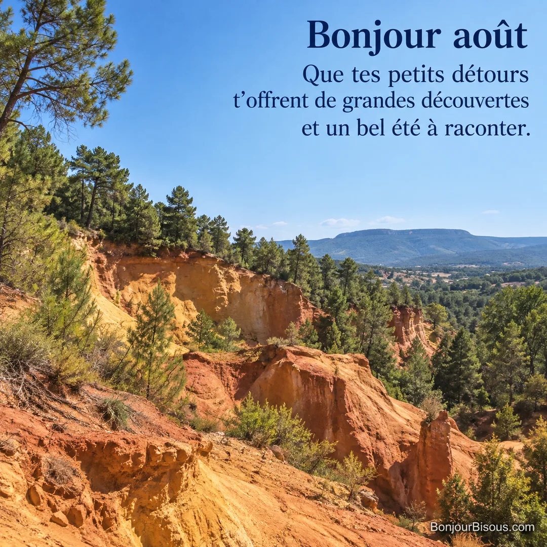 Un canyon provençal aux parois ocres s’ouvre entre les pins sous le ciel bleu d’août, avec le texte « Bonjour août Que tes petits détours t’offrent de grandes découvertes et un bel été à raconter. ». Un canyon provençal aux parois ocres s’ouvre entre les pins sous le ciel bleu d’août, avec le texte « Bonjour août Que tes petits détours t’offrent de grandes découvertes et un bel été à raconter. ».