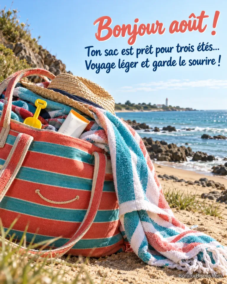 Un sac de plage rayé déborde de serviette et d’accessoires dans une joyeuse pagaille sur le sable, avec le texte « Bonjour août ! Ton sac est prêt pour trois étés… Voyage léger et garde le sourire ! ».