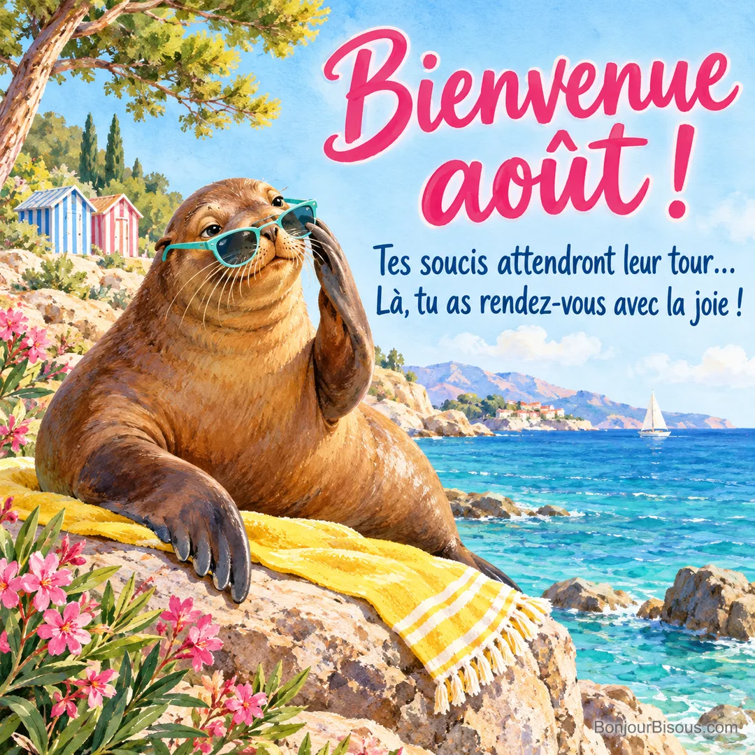 Une otarie remonte ses lunettes de soleil trop larges avec une nageoire dans une scène de vacances espiègle, avec le texte « Bienvenue août ! Tes soucis attendront leur tour… Là, tu as rendez-vous avec la joie ! ». Une otarie remonte ses lunettes de soleil trop larges avec une nageoire dans une scène de vacances espiègle, avec le texte « Bienvenue août ! Tes soucis attendront leur tour… Là, tu as rendez-vous avec la joie ! ».