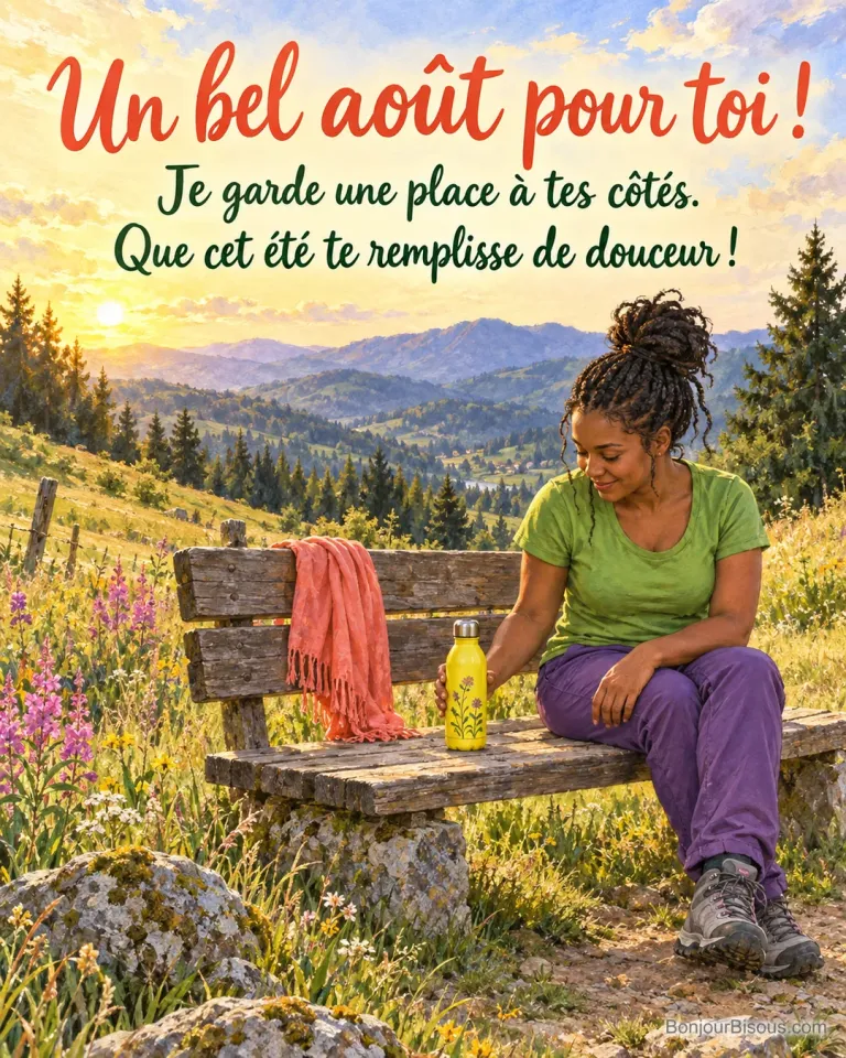 Une promeneuse réserve une place à côté d’elle en y posant une gourde d’eau fraîche sur un banc vosgien, avec le texte « Un bel août pour toi ! Je garde une place à tes côtés. Que cet été te remplisse de douceur ! ».