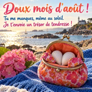 Un porte-monnaie fleuri abrite deux coquillages serrés l’un contre l’autre comme de tendres souvenirs, avec le texte « Doux mois d’août ! Tu me manques, même au soleil. Je t’envoie un trésor de tendresse ! ».