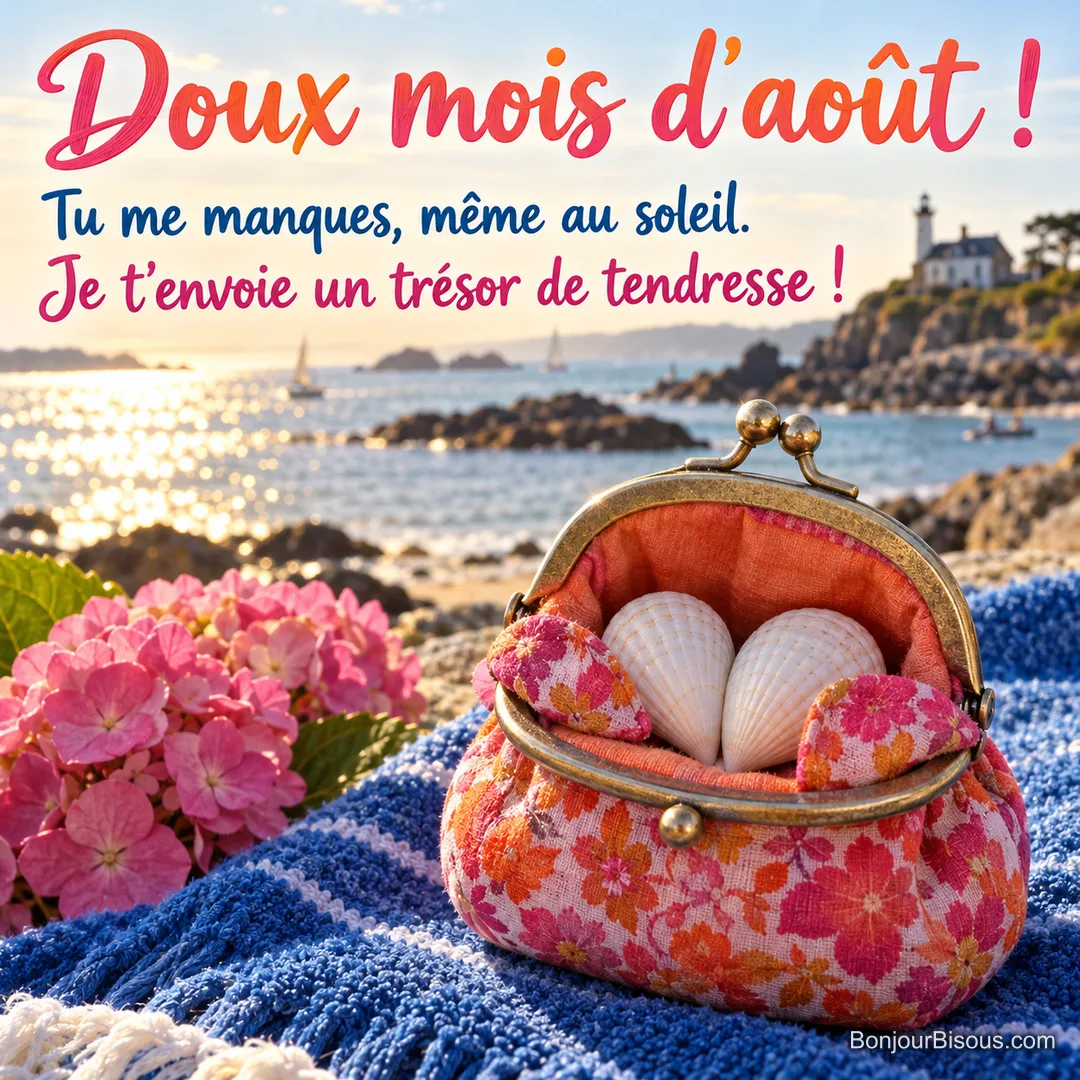 Un porte-monnaie fleuri abrite deux coquillages serrés l’un contre l’autre comme de tendres souvenirs, avec le texte « Doux mois d’août ! Tu me manques, même au soleil. Je t’envoie un trésor de tendresse ! ». Un porte-monnaie fleuri abrite deux coquillages serrés l’un contre l’autre comme de tendres souvenirs, avec le texte « Doux mois d’août ! Tu me manques, même au soleil. Je t’envoie un trésor de tendresse ! ».