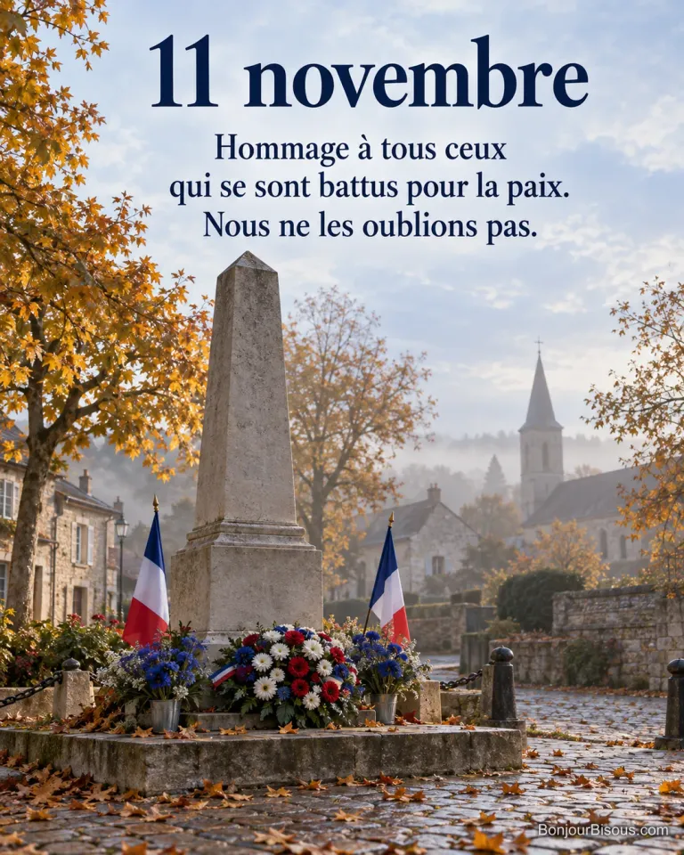 Photo d’un monument aux morts de village avec une gerbe bleu-blanc-rouge, des bleuets et deux drapeaux tricolores, sous les arbres d’automne, avec le texte « 11 novembre – Hommage à tous ceux qui se sont battus pour la paix. Nous ne les oublions pas. »